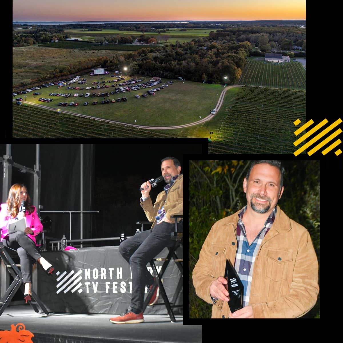 Collage with aerial view of NorthFork TV field, Jeremy Sisto holding NorthFork TV award and speaking to panelist